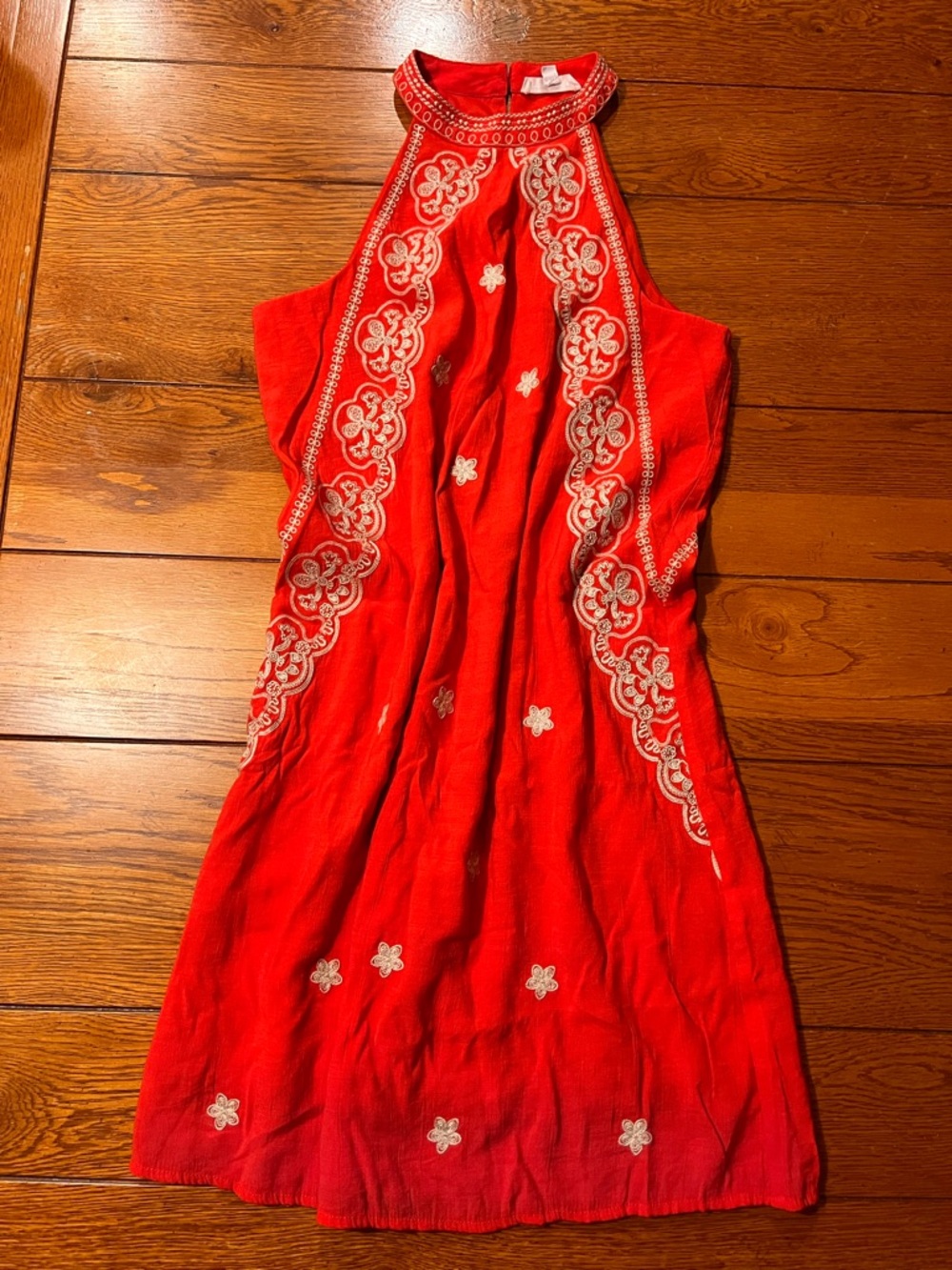 THML Red Halter Mini Dress with White Embroidery